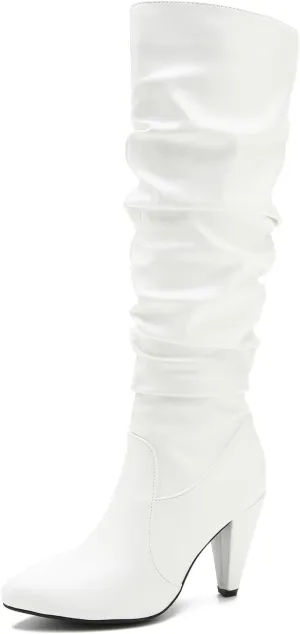 Women's Knee High Boots Pointed Toe Sexy Kitten Cone Heel Slouchy Boots Side Zipper Pleated Leather Tall Boots