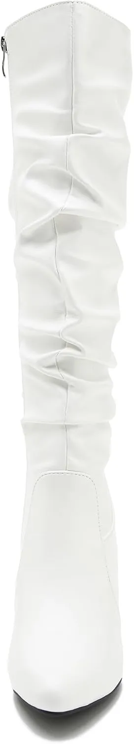Women's Knee High Boots Pointed Toe Sexy Kitten Cone Heel Slouchy Boots Side Zipper Pleated Leather Tall Boots