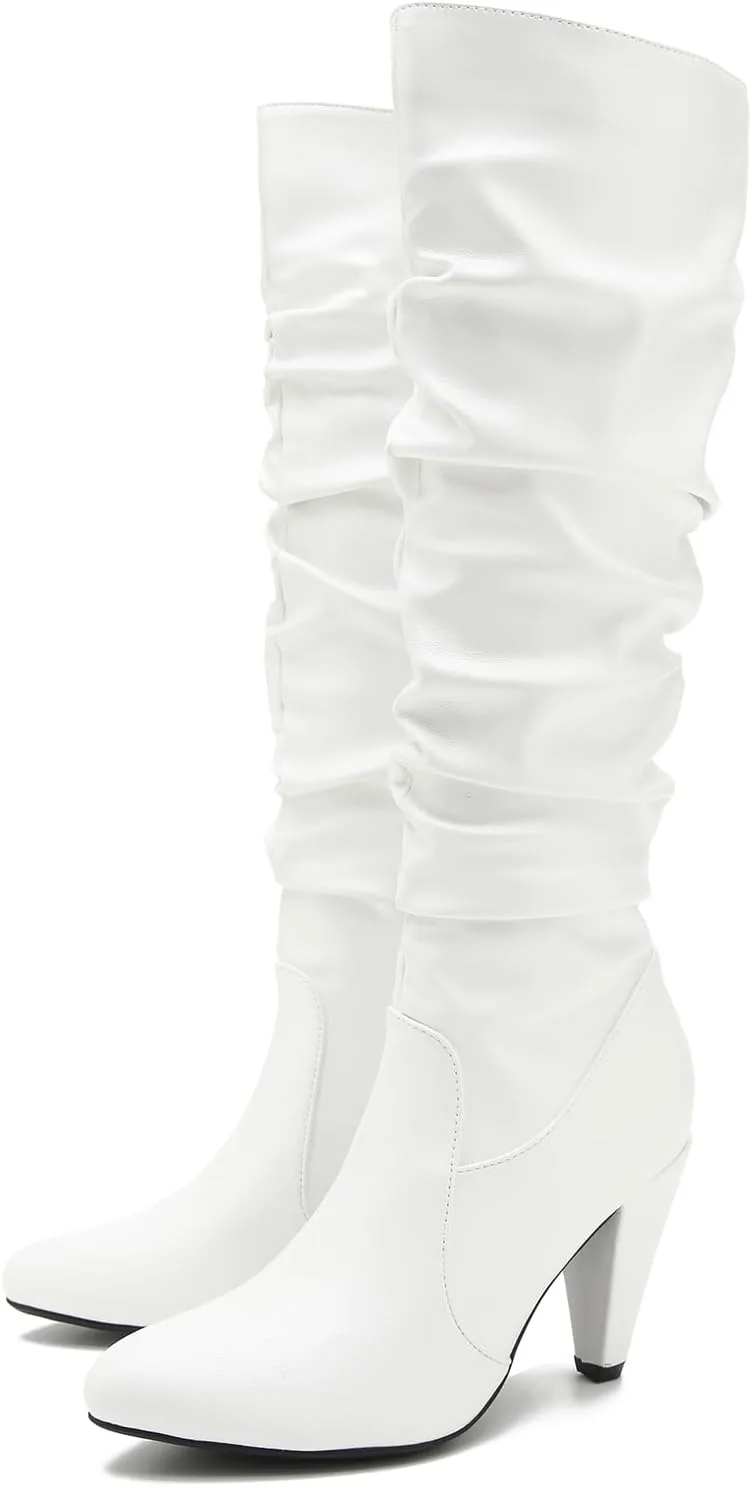 Women's Knee High Boots Pointed Toe Sexy Kitten Cone Heel Slouchy Boots Side Zipper Pleated Leather Tall Boots
