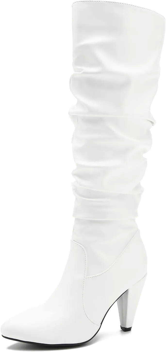 Women's Knee High Boots Pointed Toe Sexy Kitten Cone Heel Slouchy Boots Side Zipper Pleated Leather Tall Boots