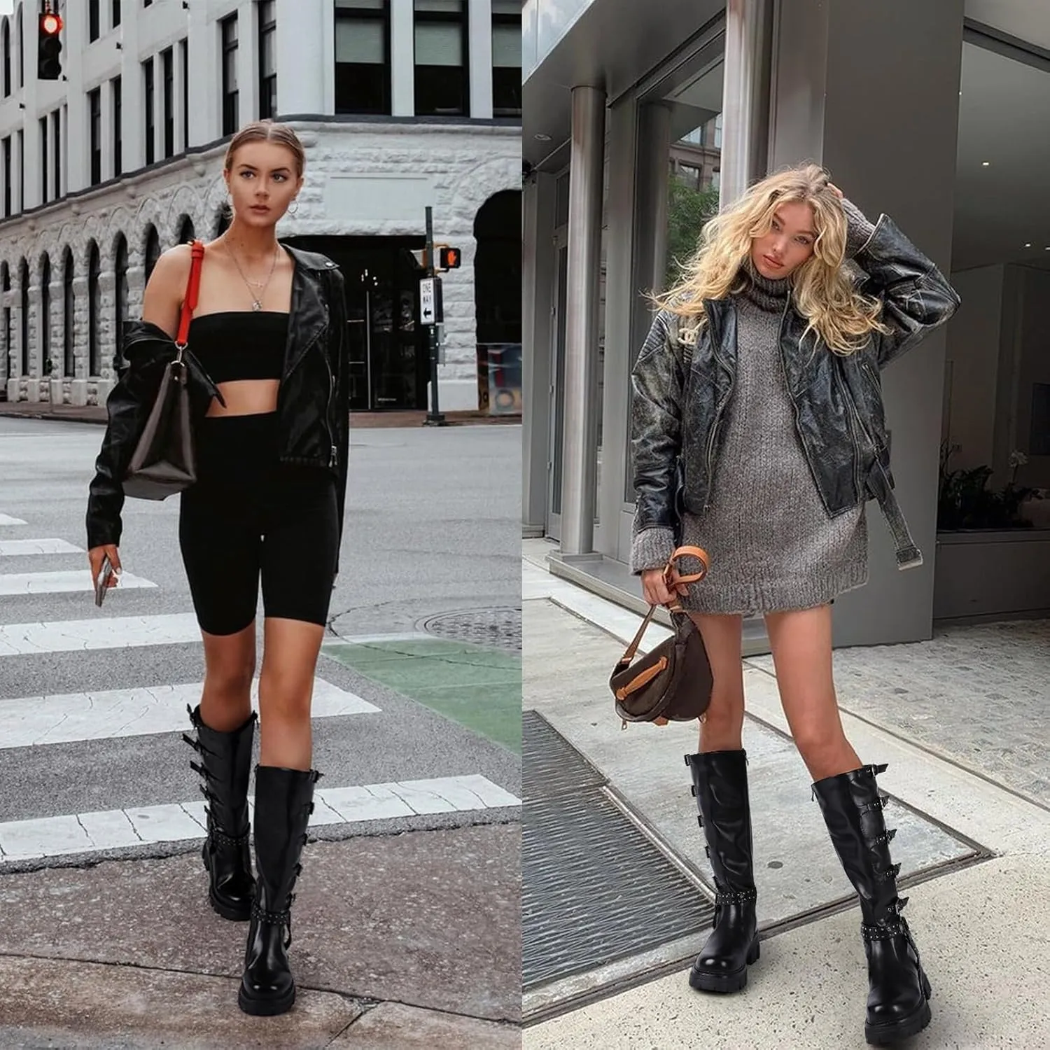 Women's Knee High Boots Riding Buckle Boots Chunky Heel Fashion Biker Motorcycle Boots Round Toe Platform Zipper Black Moto Booties Rivets