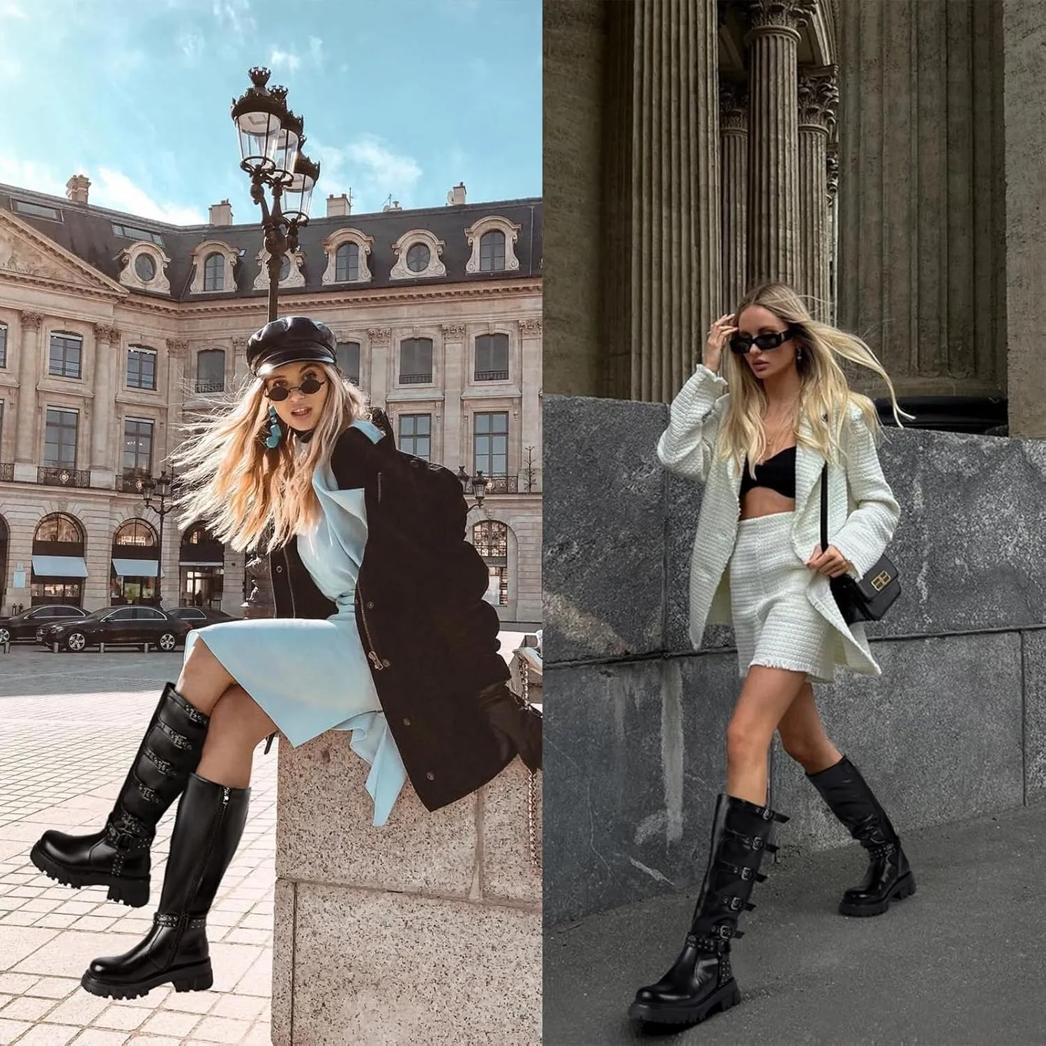 Women's Knee High Boots Riding Buckle Boots Chunky Heel Fashion Biker Motorcycle Boots Round Toe Platform Zipper Black Moto Booties Rivets