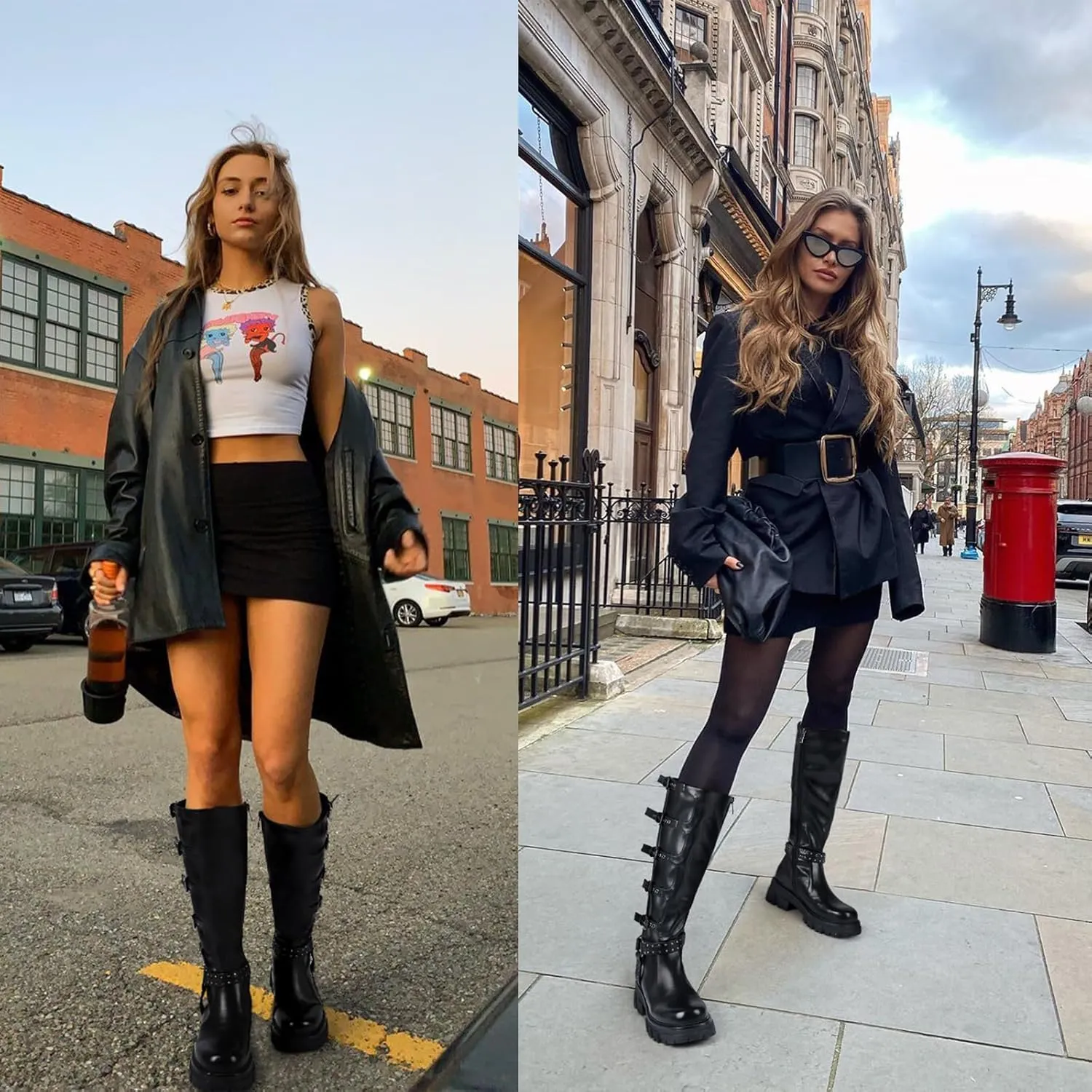 Women's Knee High Boots Riding Buckle Boots Chunky Heel Fashion Biker Motorcycle Boots Round Toe Platform Zipper Black Moto Booties Rivets