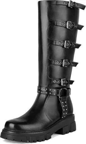 Women's Knee High Boots Riding Buckle Boots Chunky Heel Fashion Biker Motorcycle Boots Round Toe Platform Zipper Black Moto Booties Rivets