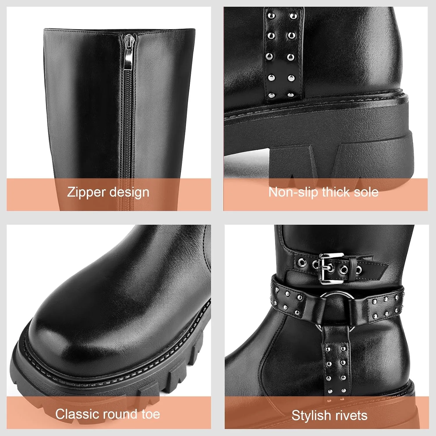 Women's Knee High Boots Riding Buckle Boots Chunky Heel Fashion Biker Motorcycle Boots Round Toe Platform Zipper Black Moto Booties Rivets