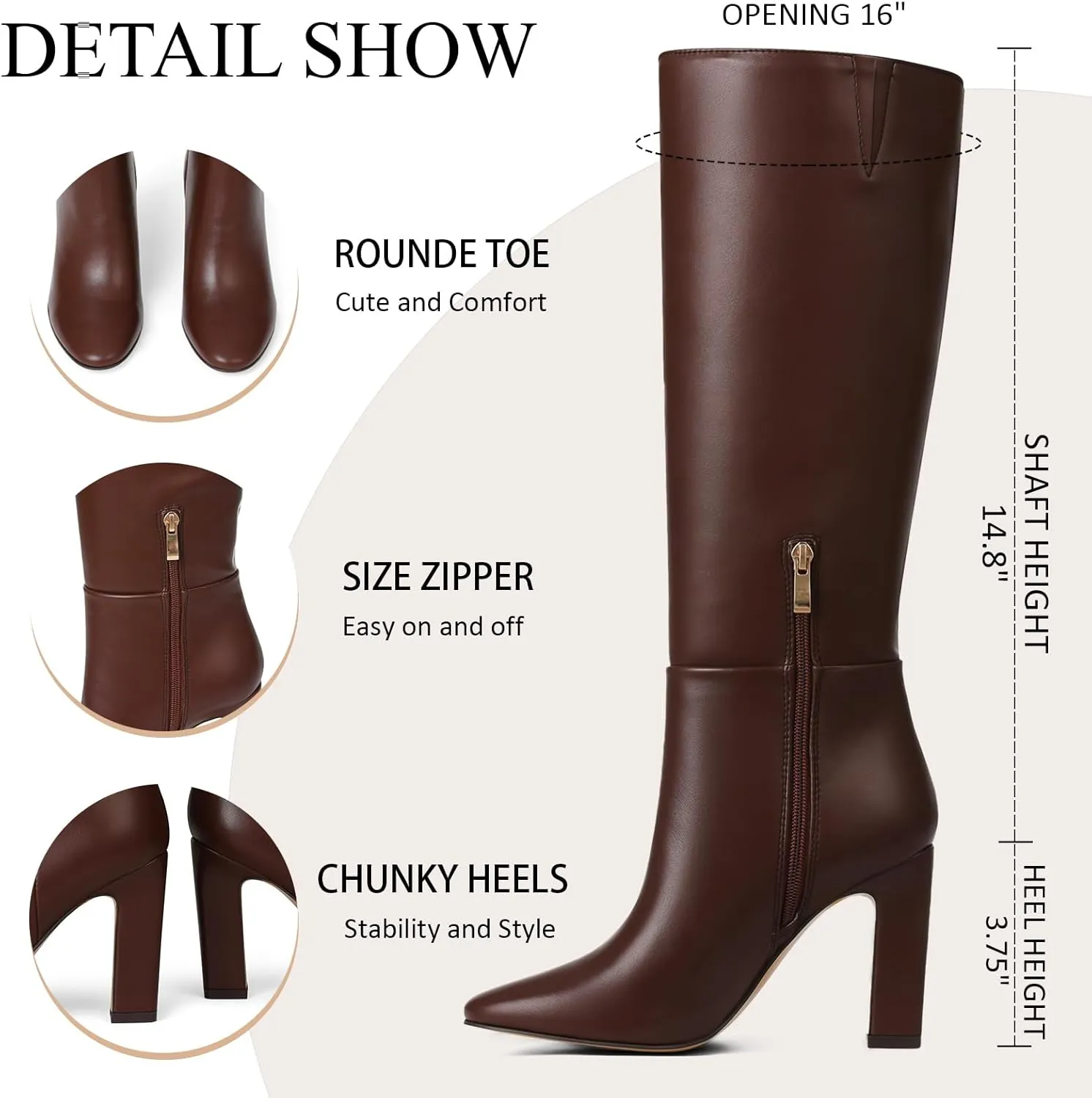 Womens Knee High Boots Round Toe Tall Boots Block High Heel Boots Side Zipper Long Boots Comfortable Fashion Dress Boot