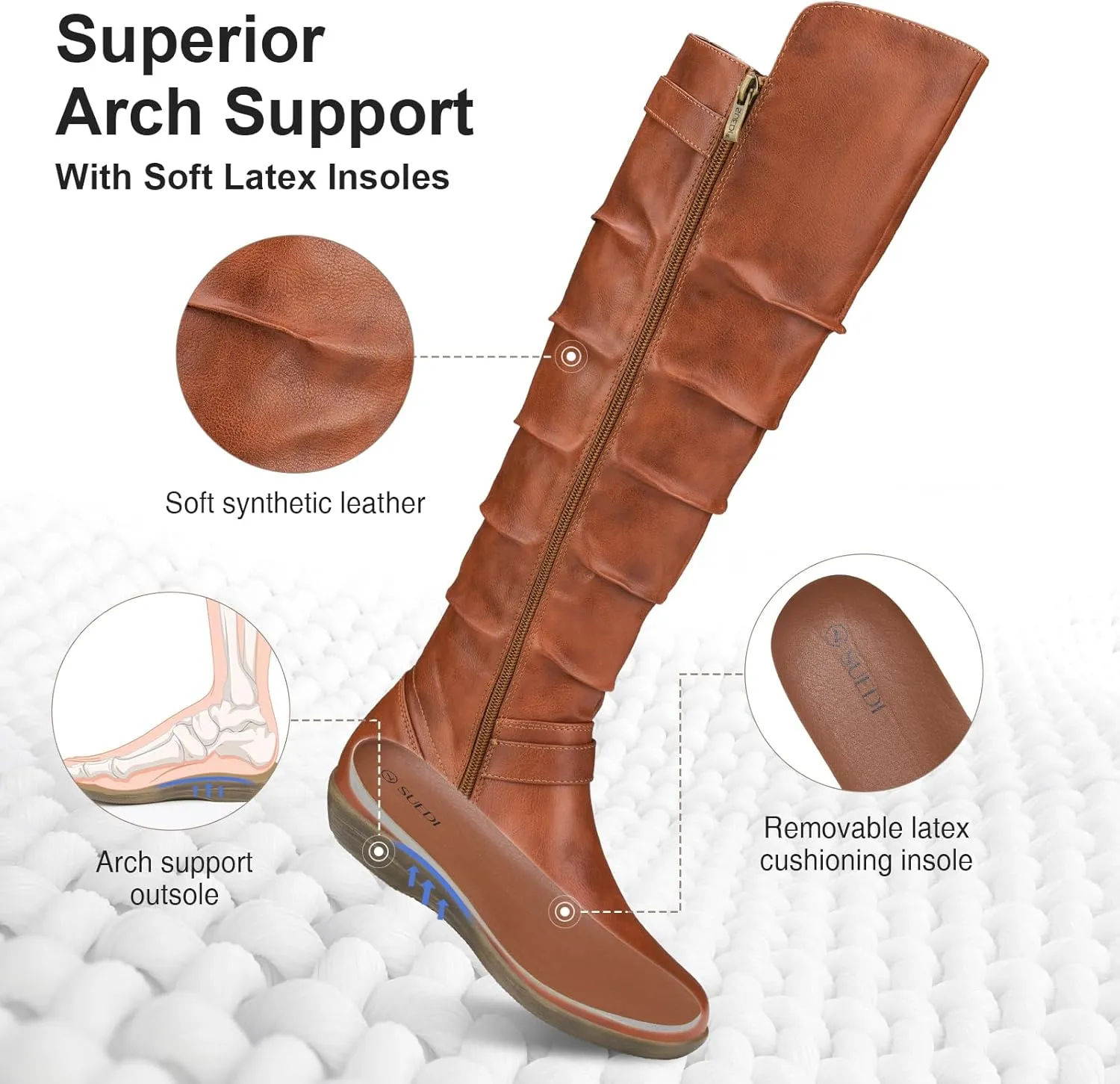 Women's Knee High Slouchy Boots Flat Tall Boots for Women Pull On Fall Boots with Side Zipper