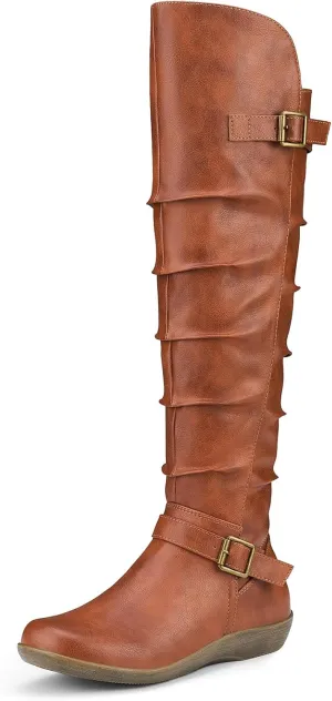 Women's Knee High Slouchy Boots Flat Tall Boots for Women Pull On Fall Boots with Side Zipper