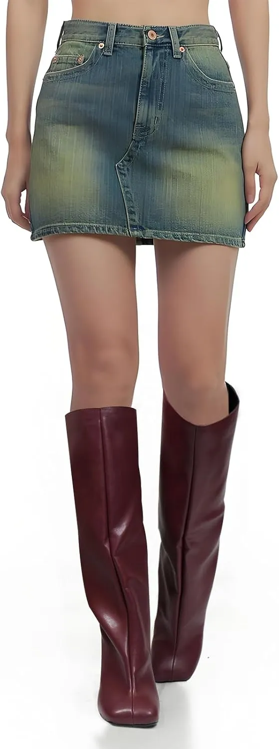 Women's Knee High Suede Boots for Women Square Toe Stiletto Heels Tall Boots Pull On High Heel Long Booties