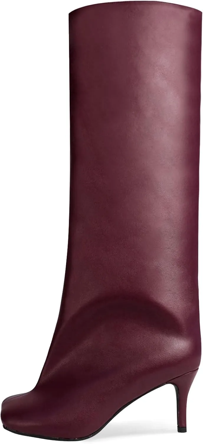 Women's Knee High Suede Boots for Women Square Toe Stiletto Heels Tall Boots Pull On High Heel Long Booties