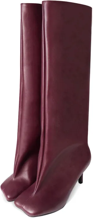 Women's Knee High Suede Boots for Women Square Toe Stiletto Heels Tall Boots Pull On High Heel Long Booties