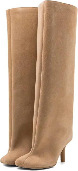 Women's Knee High Suede Boots for Women Wide Calf Square Toe Stiletto Heels Tall Boots Pull On High Heel Long Booties