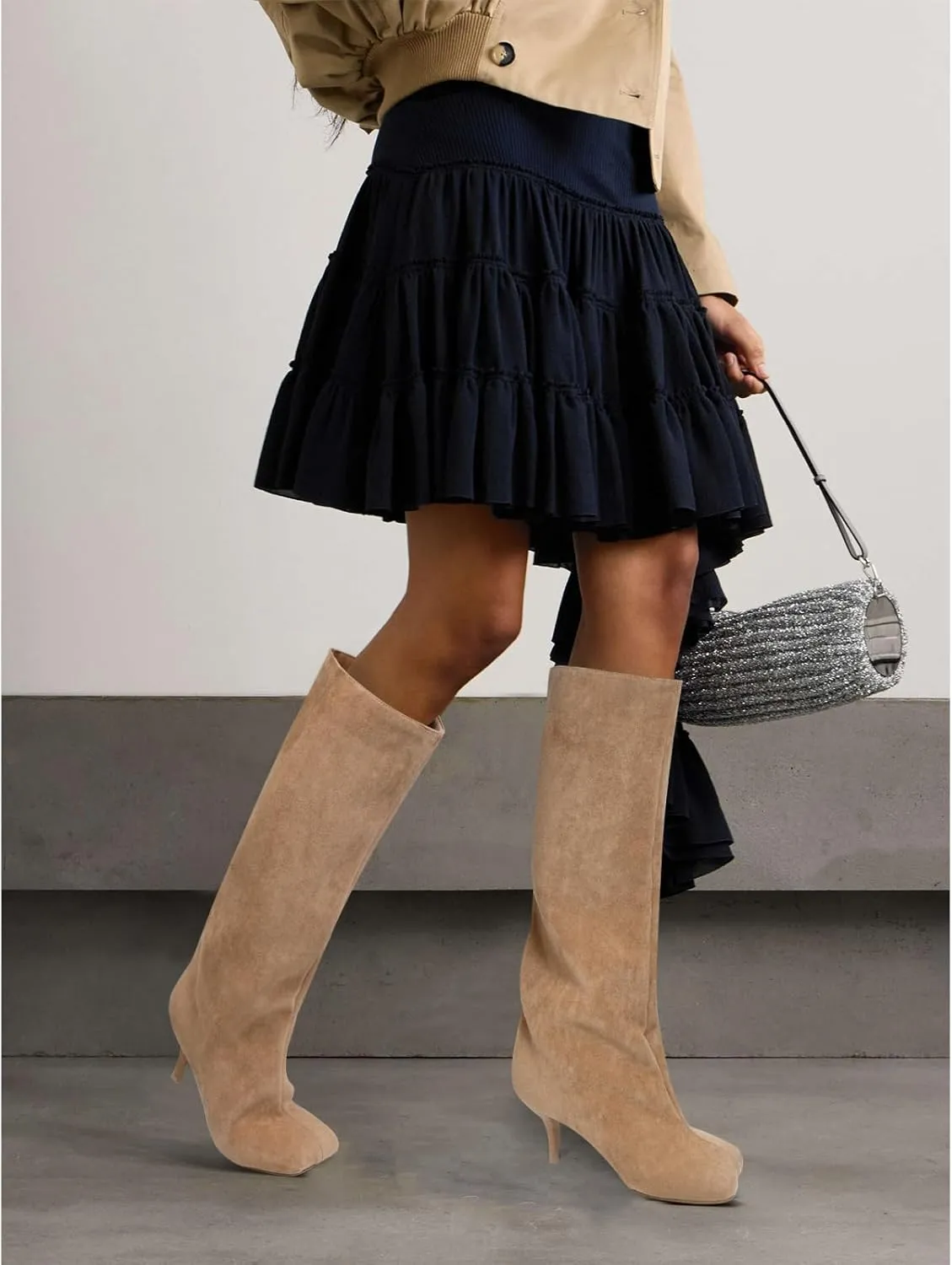 Women's Knee High Suede Boots for Women Wide Calf Square Toe Stiletto Heels Tall Boots Pull On High Heel Long Booties