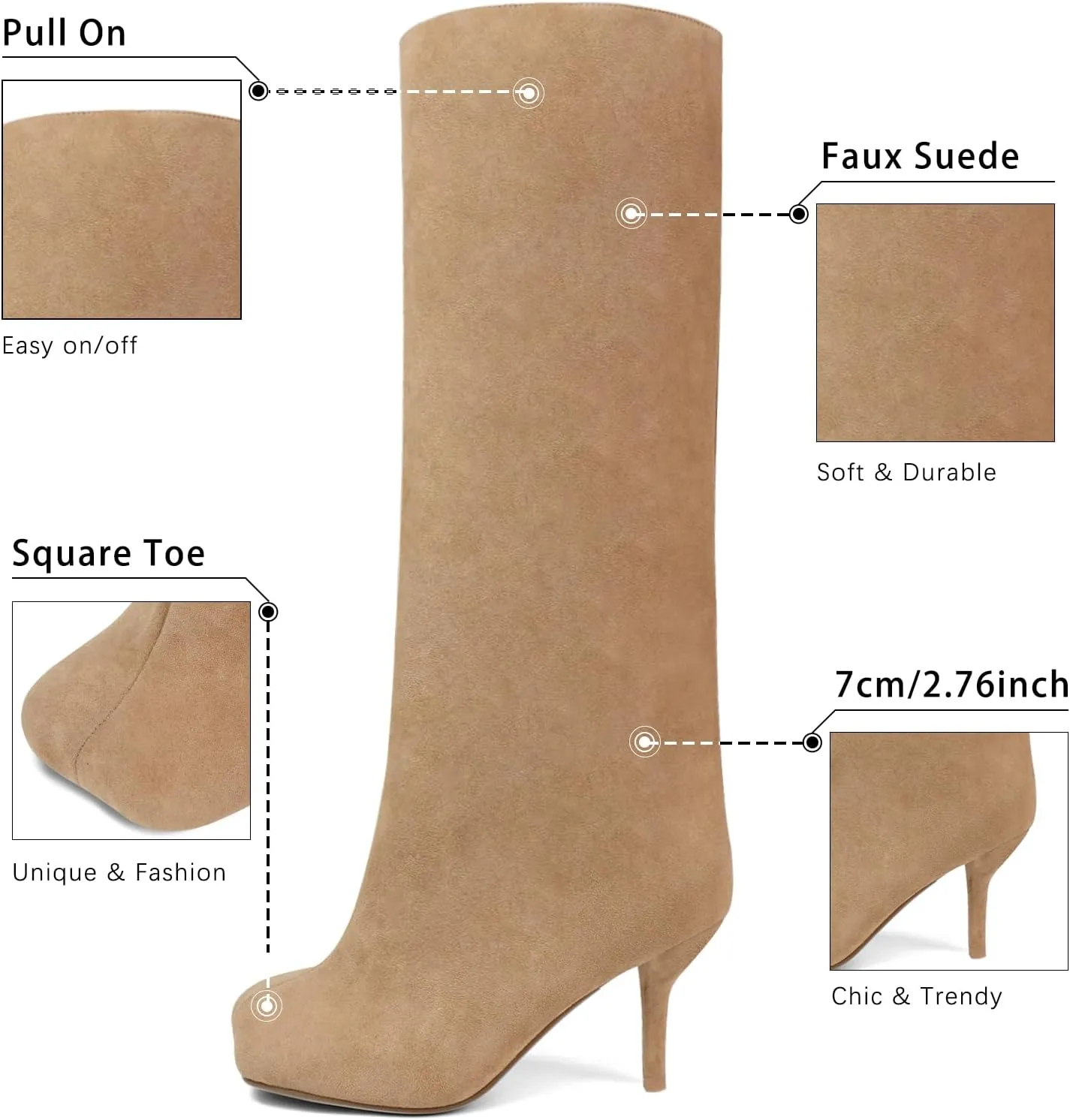 Women's Knee High Suede Boots for Women Wide Calf Square Toe Stiletto Heels Tall Boots Pull On High Heel Long Booties