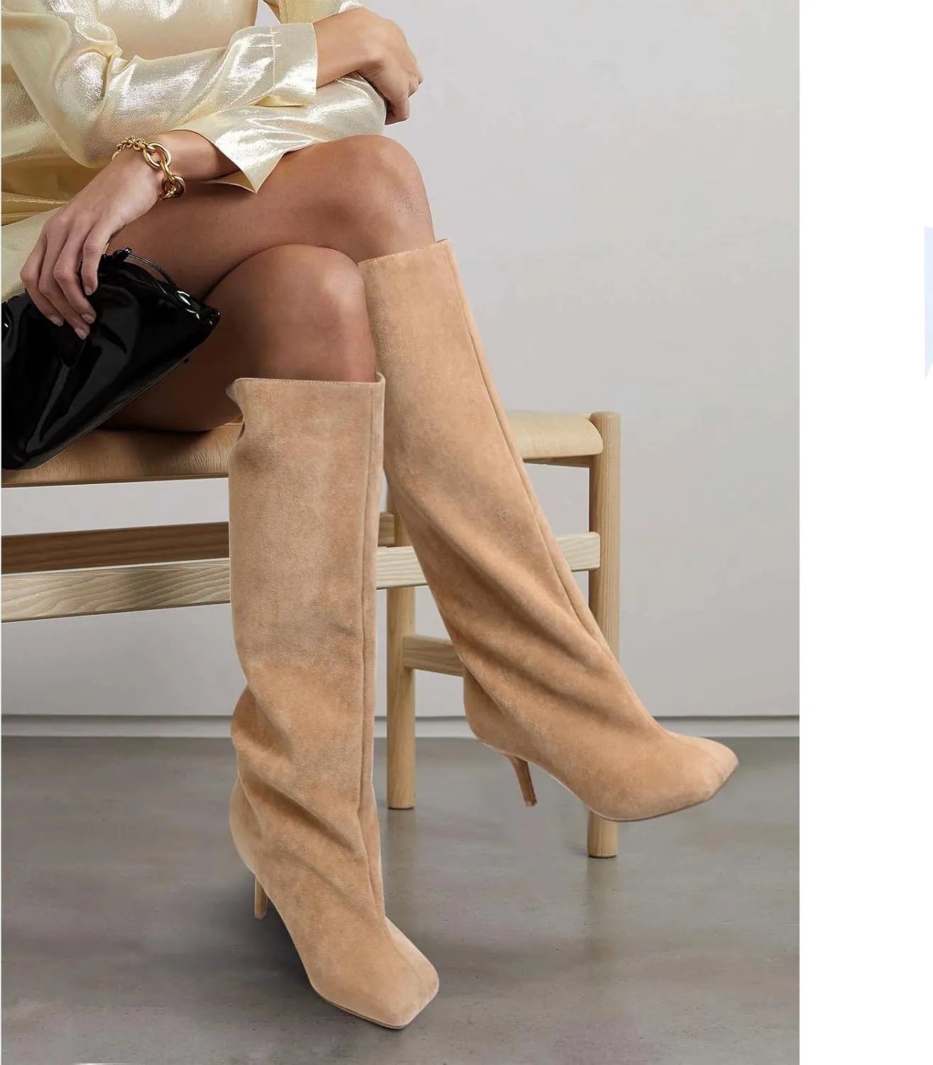 Women's Knee High Suede Boots for Women Wide Calf Square Toe Stiletto Heels Tall Boots Pull On High Heel Long Booties