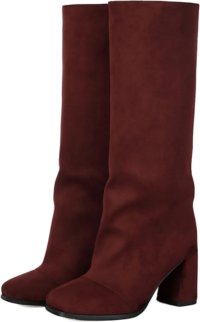 Women's Knee High Suede Square Toe Boots-Chunky Block Heeled Boots