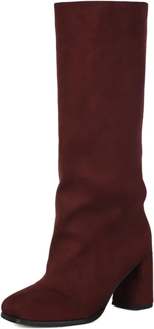 Women's Knee High Suede Square Toe Boots-Chunky Block Heeled Boots