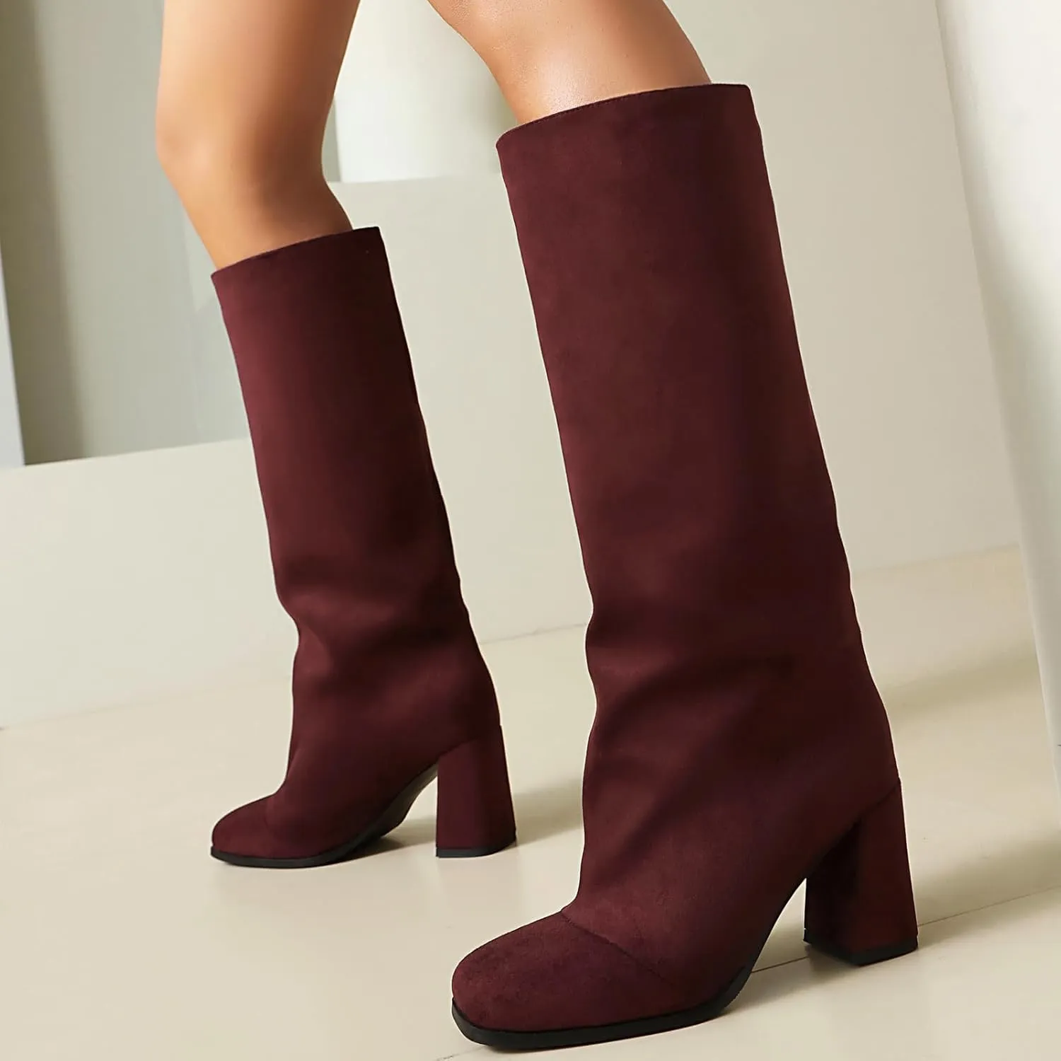 Women's Knee High Suede Square Toe Boots-Chunky Block Heeled Boots