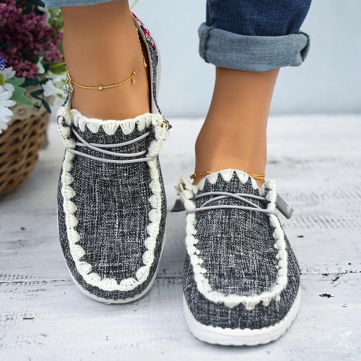 Womens Lace-Up Canvas Lightweight Boat Shoes Casual Comfortable Slip on Knit Loafers Outdoor Walking Low Top Wide Deck Shoes
