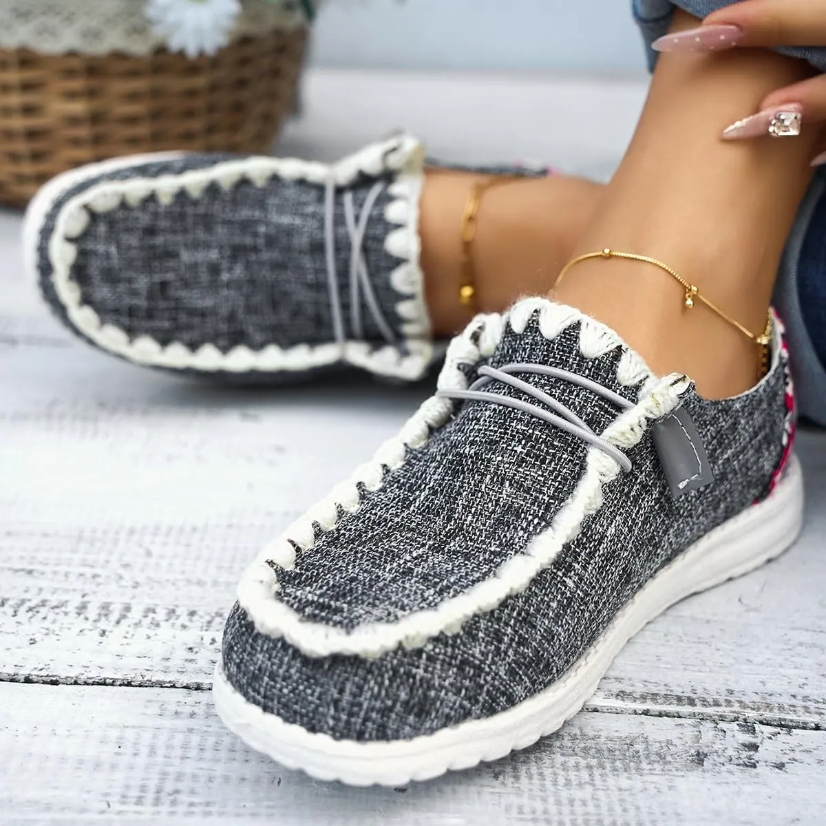 Womens Lace-Up Canvas Lightweight Boat Shoes Casual Comfortable Slip on Knit Loafers Outdoor Walking Low Top Wide Deck Shoes