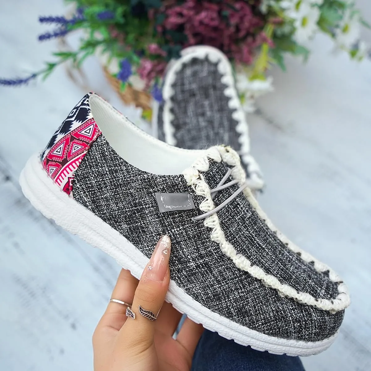 Womens Lace-Up Canvas Lightweight Boat Shoes Casual Comfortable Slip on Knit Loafers Outdoor Walking Low Top Wide Deck Shoes