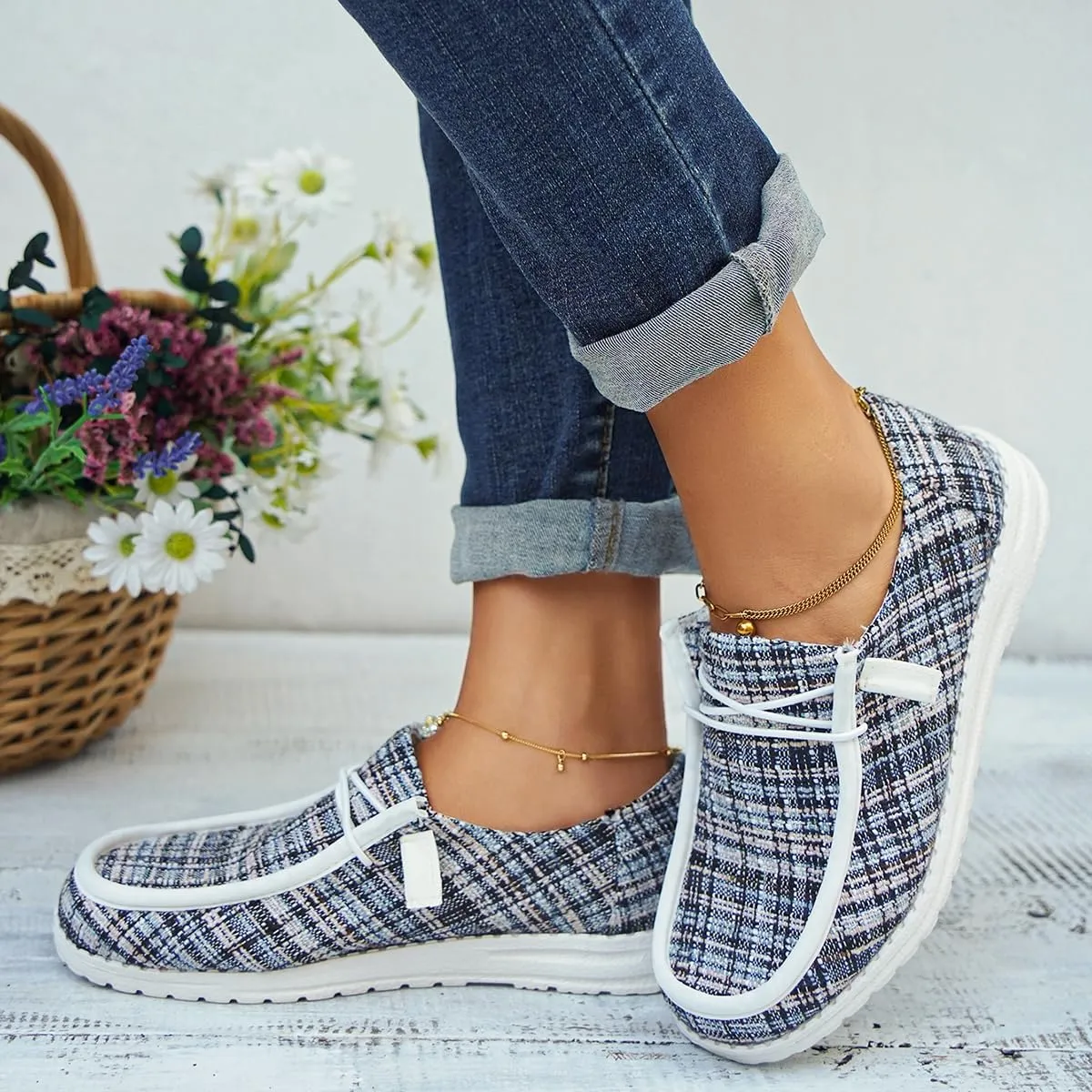 Womens Lace-Up Canvas Lightweight Boat Shoes Casual Comfortable Slip on Knit Loafers Outdoor Walking Low Top Wide Deck Shoes