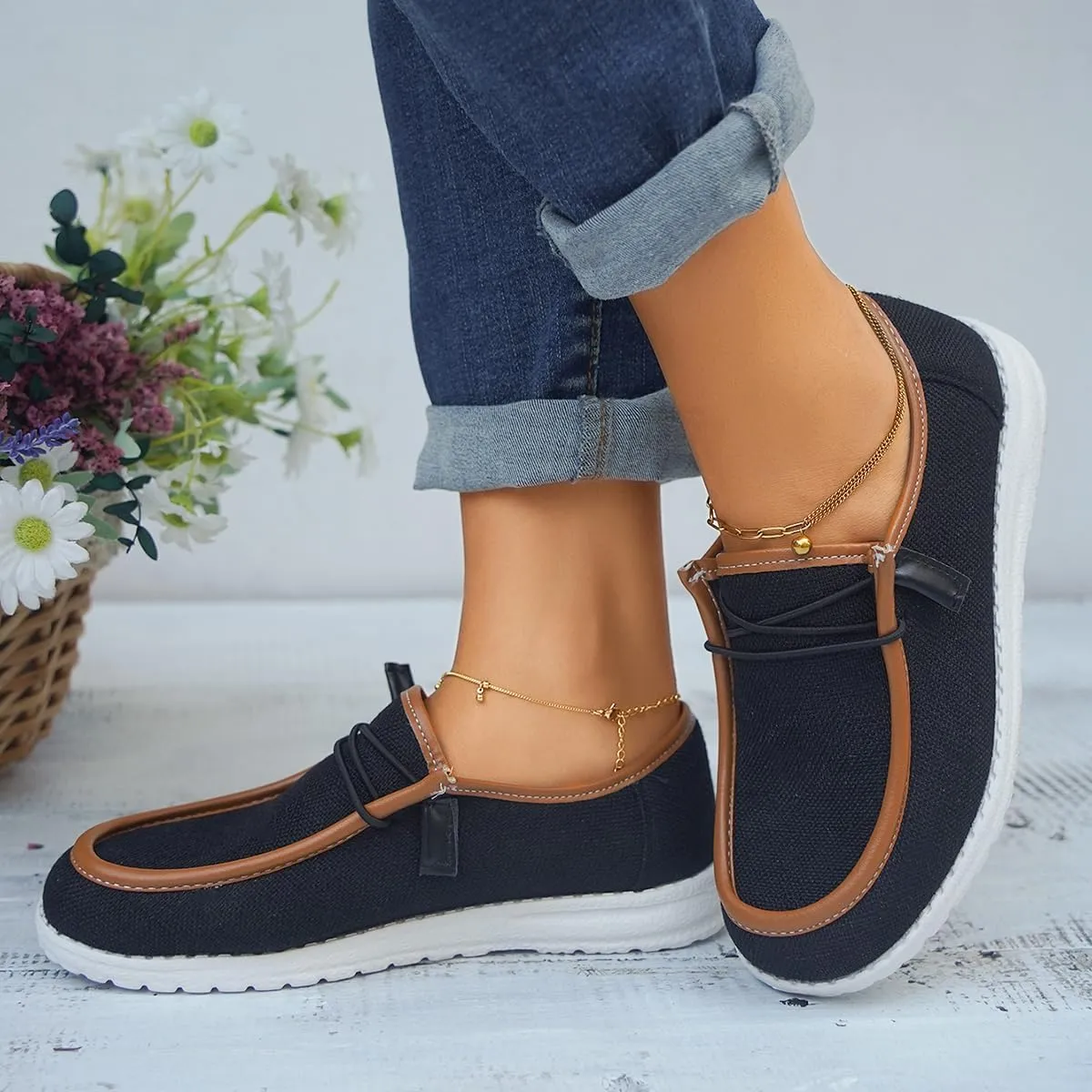 Womens Lace-Up Canvas Lightweight Boat Shoes Casual Comfortable Slip on Knit Loafers Outdoor Walking Low Top Wide Deck Shoes
