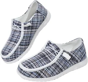 Womens Lace-Up Canvas Lightweight Boat Shoes Casual Comfortable Slip on Knit Loafers Outdoor Walking Low Top Wide Deck Shoes