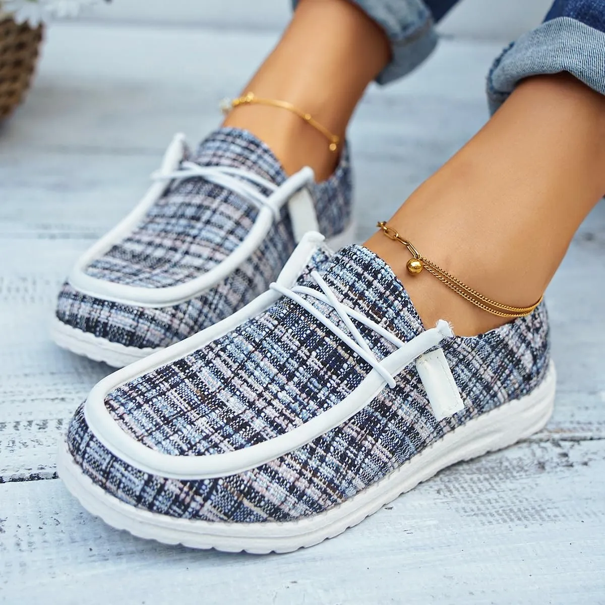 Womens Lace-Up Canvas Lightweight Boat Shoes Casual Comfortable Slip on Knit Loafers Outdoor Walking Low Top Wide Deck Shoes