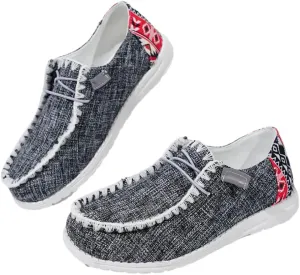 Womens Lace-Up Canvas Lightweight Boat Shoes Casual Comfortable Slip on Knit Loafers Outdoor Walking Low Top Wide Deck Shoes