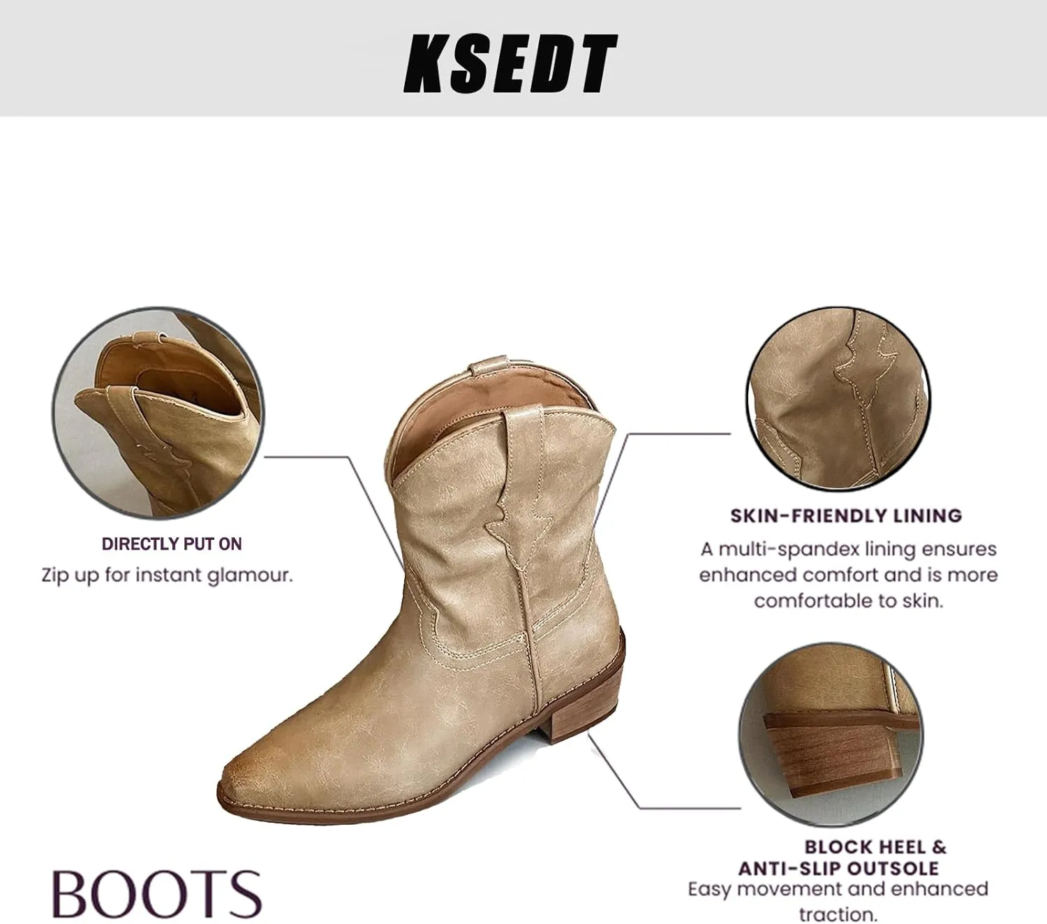 Women's Leather Western Cowboy Cowgirl Casual Ankle Boots Classic Pointed Toe Low Block Heel Dress Pull-on Mid-Calf Boots