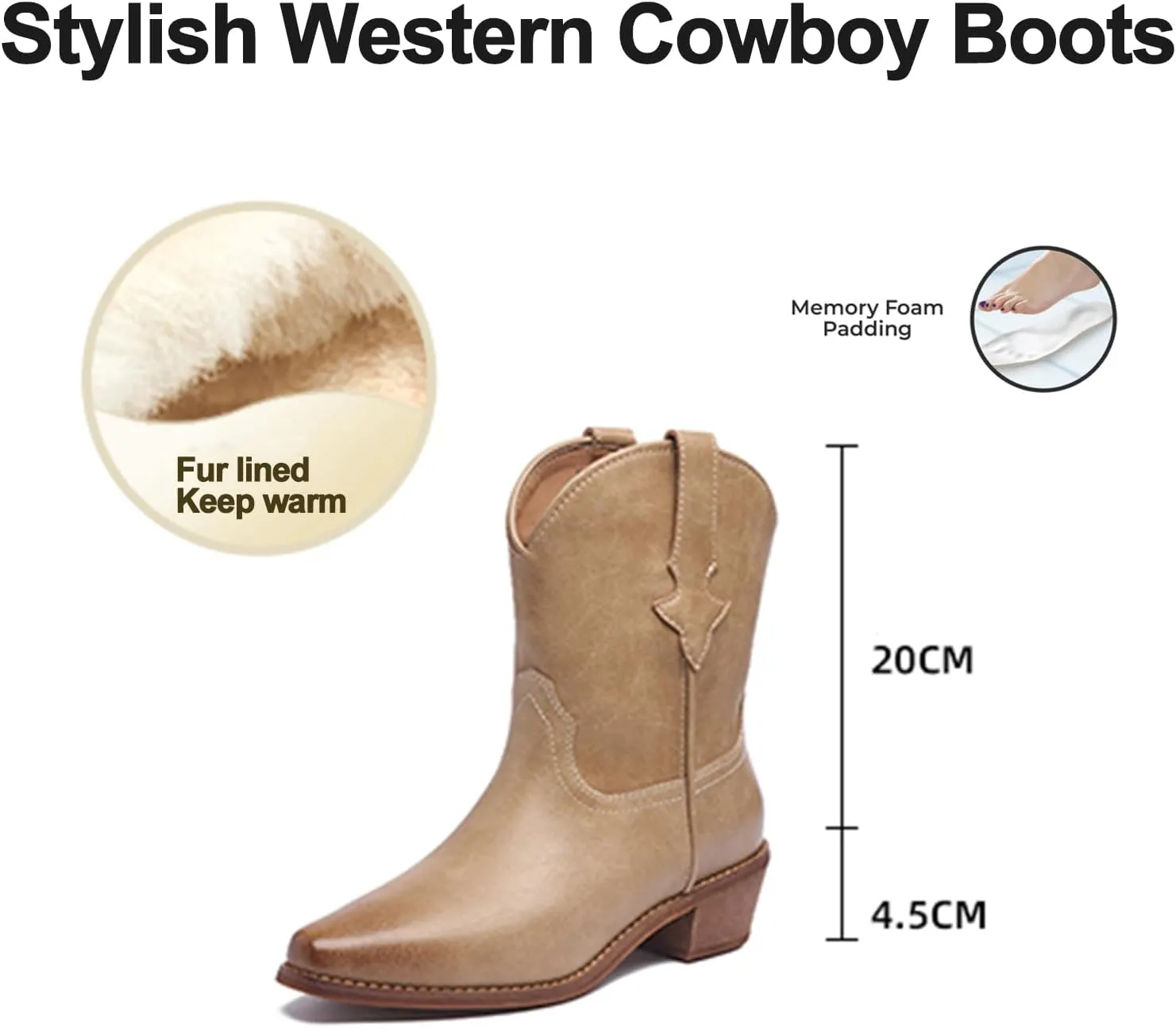 Women's Leather Western Cowboy Cowgirl Casual Ankle Boots Classic Pointed Toe Low Block Heel Dress Pull-on Mid-Calf Boots