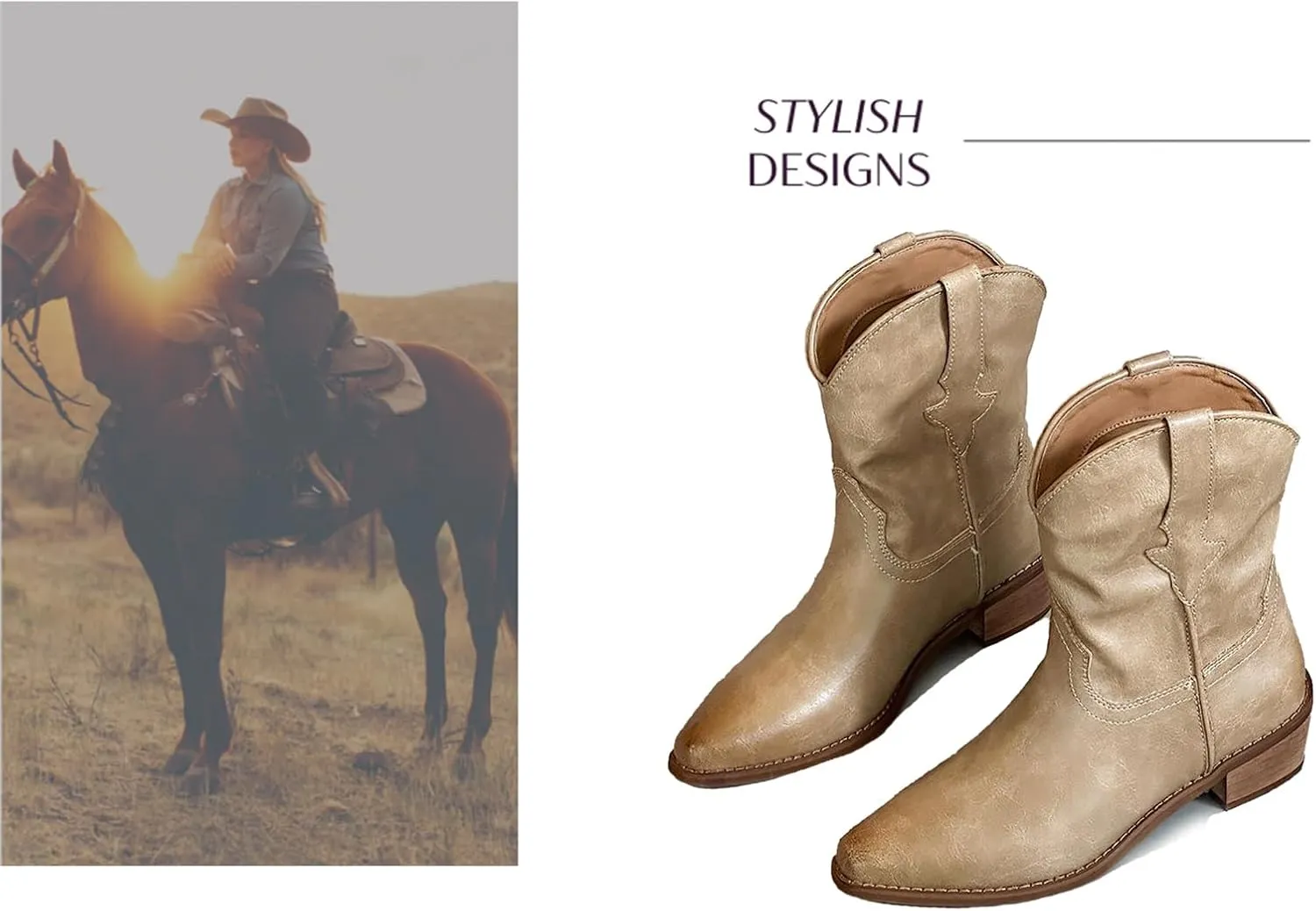 Women's Leather Western Cowboy Cowgirl Casual Ankle Boots Classic Pointed Toe Low Block Heel Dress Pull-on Mid-Calf Boots