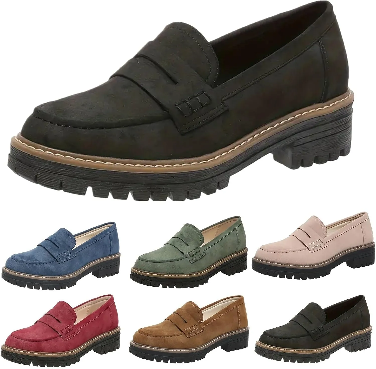 Womens Loafers Comfortable Dressy 2025 Platform Loafers for Women Suede Penny Loafers Lug Sole Casual Slip-Ons Work Business Casual Shoes Women