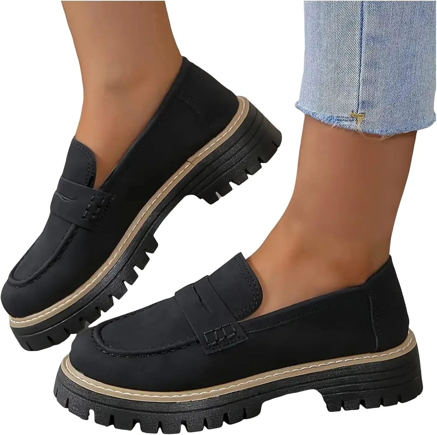 Womens Loafers Comfortable Dressy 2025 Platform Loafers for Women Suede Penny Loafers Lug Sole Casual Slip-Ons Work Business Casual Shoes Women