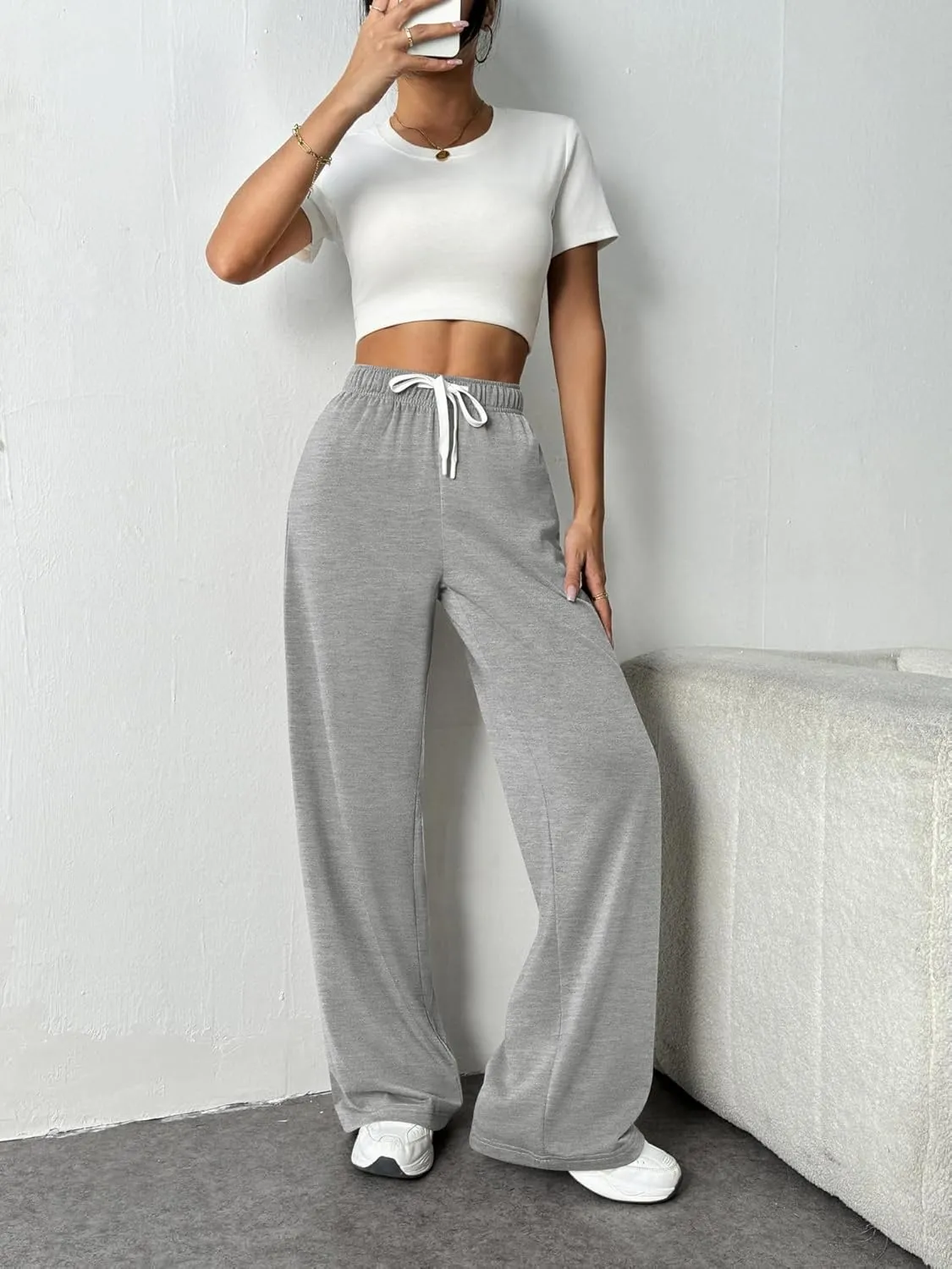 Women's Loose Waist Straight Wide-Leg Sport Trousers Casual Drawstring Workout Sweatpants Stretch Lounge Pants