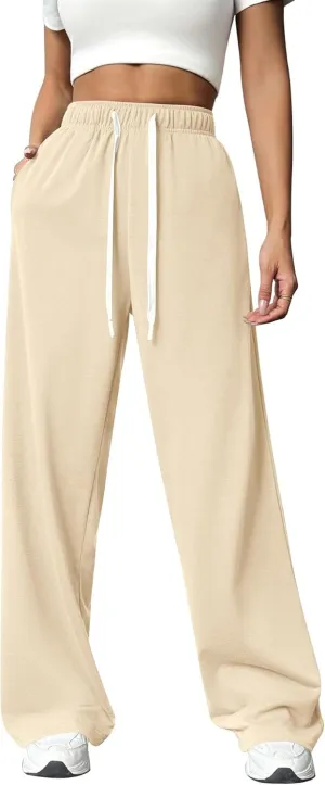 Women's Loose Waist Straight Wide-Leg Sport Trousers Casual Drawstring Workout Sweatpants Stretch Lounge Pants