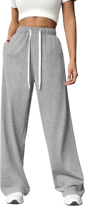 Women's Loose Waist Straight Wide-Leg Sport Trousers Casual Drawstring Workout Sweatpants Stretch Lounge Pants
