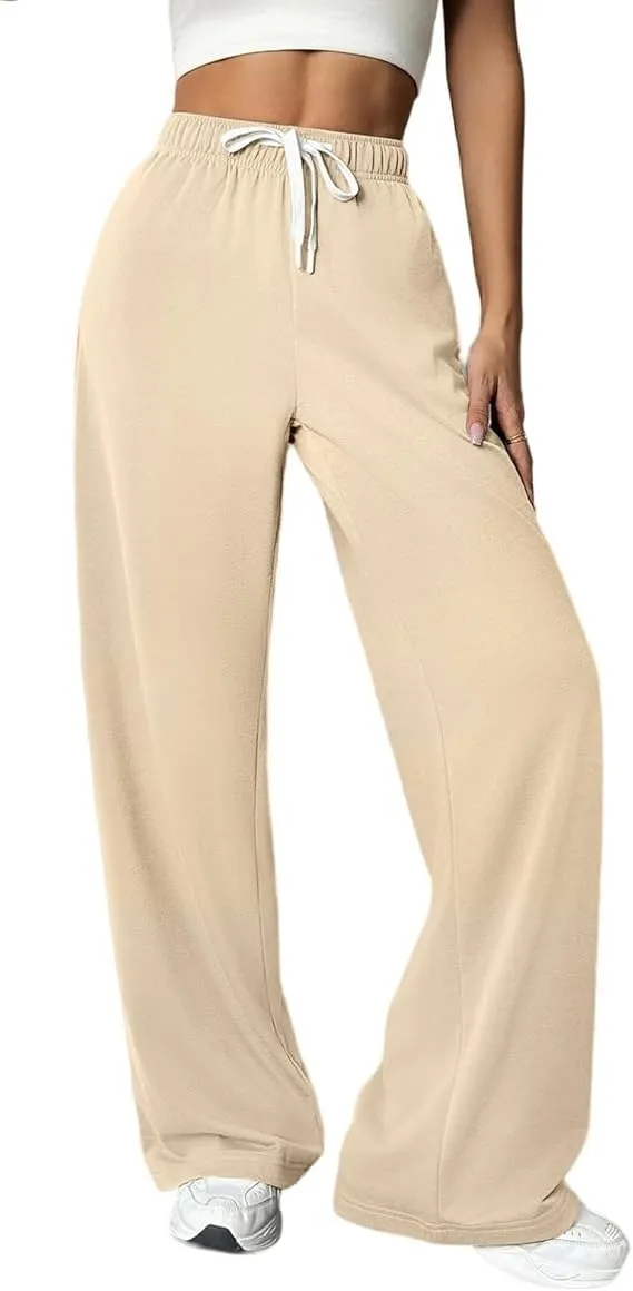 Women's Loose Waist Straight Wide-Leg Sport Trousers Casual Drawstring Workout Sweatpants Stretch Lounge Pants