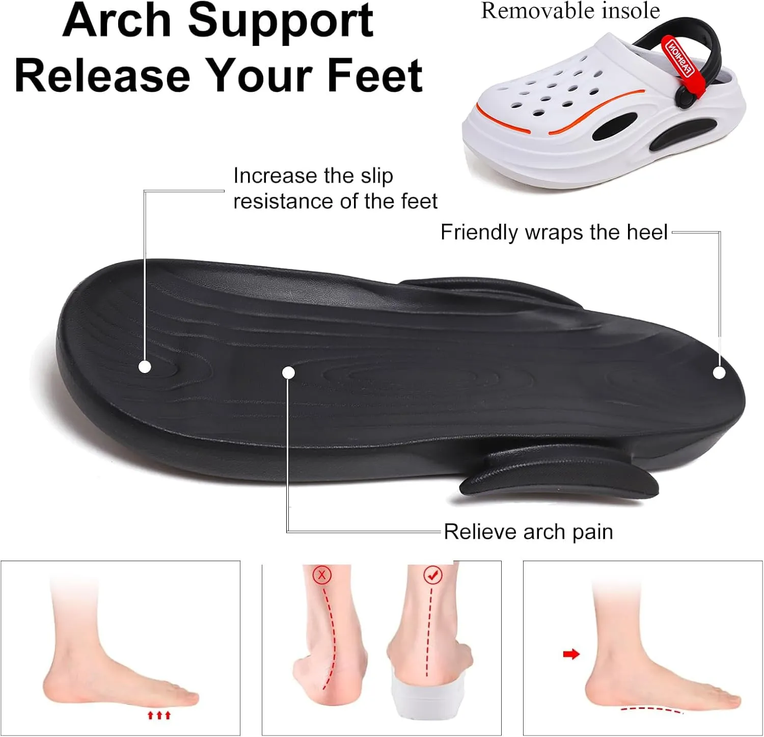 Womens Mens Garden Shoes Arch Support Clogs Non-Slip Outdoor Beach Slippers with Removable Cushion Footbed