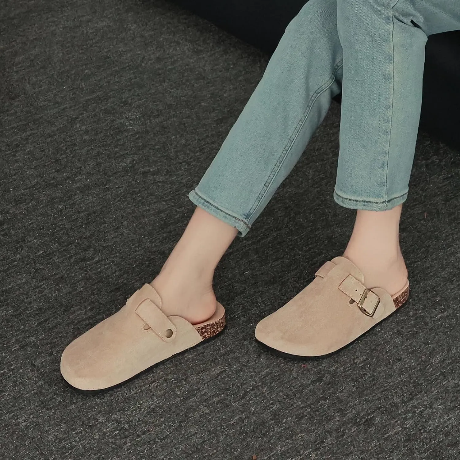 Womens Mens Suede Clogs Leather Mules with Adjustable Buckle Slip On Cork Footbed Sandals Arch Suppor Comfort Potato Shoes