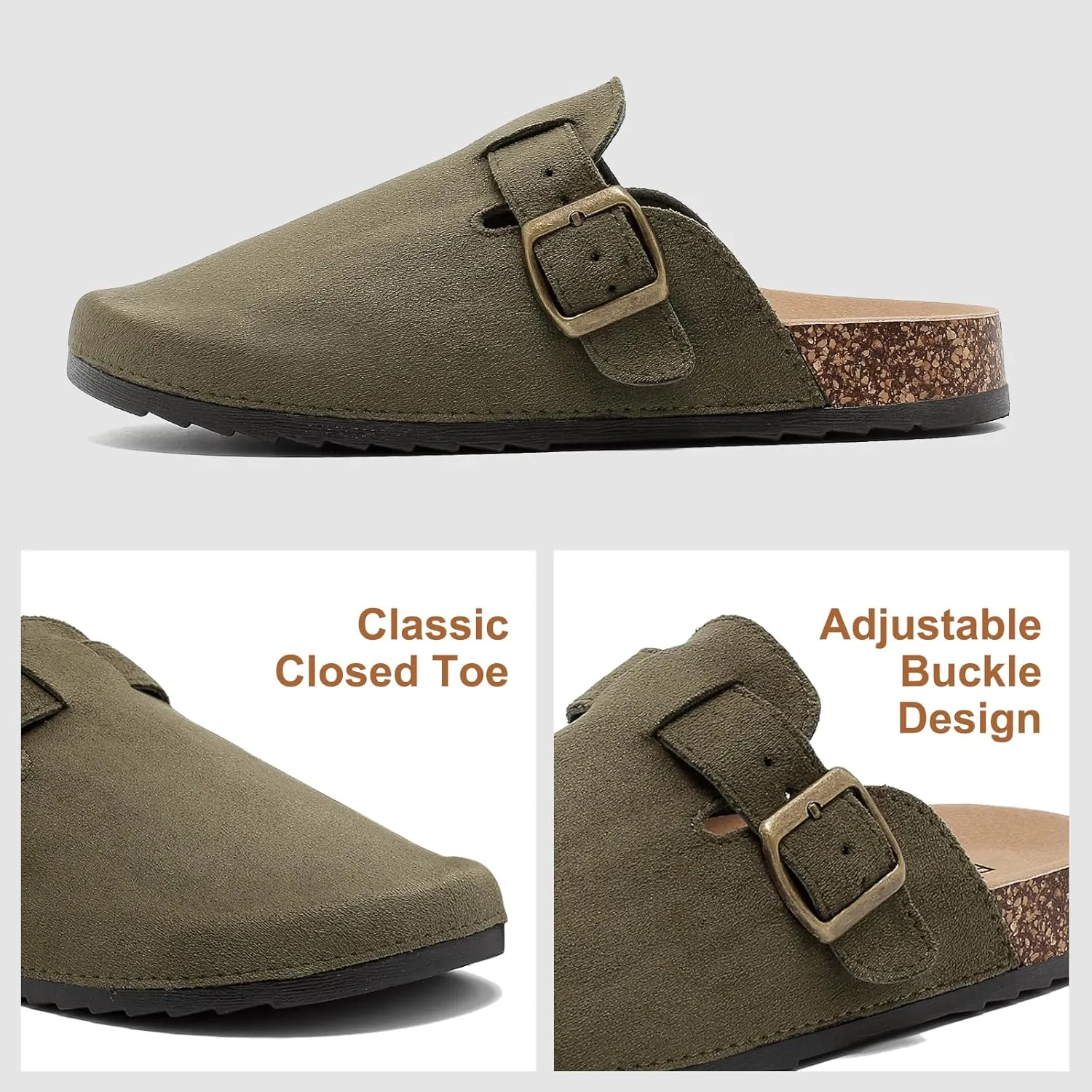 Womens Mens Suede Clogs Leather Mules with Adjustable Buckle Slip On Cork Footbed Sandals Arch Suppor Comfort Potato Shoes