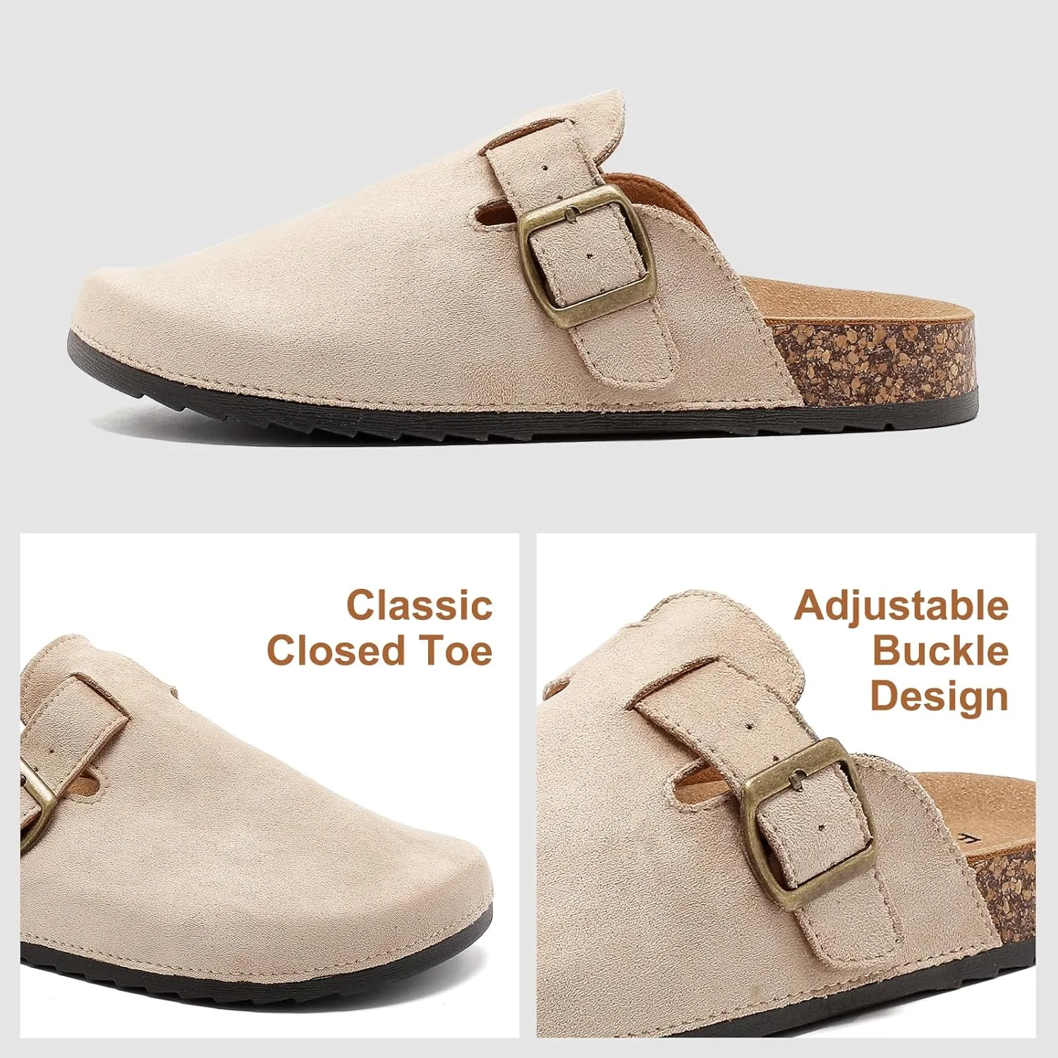 Womens Mens Suede Clogs Leather Mules with Adjustable Buckle Slip On Cork Footbed Sandals Arch Suppor Comfort Potato Shoes