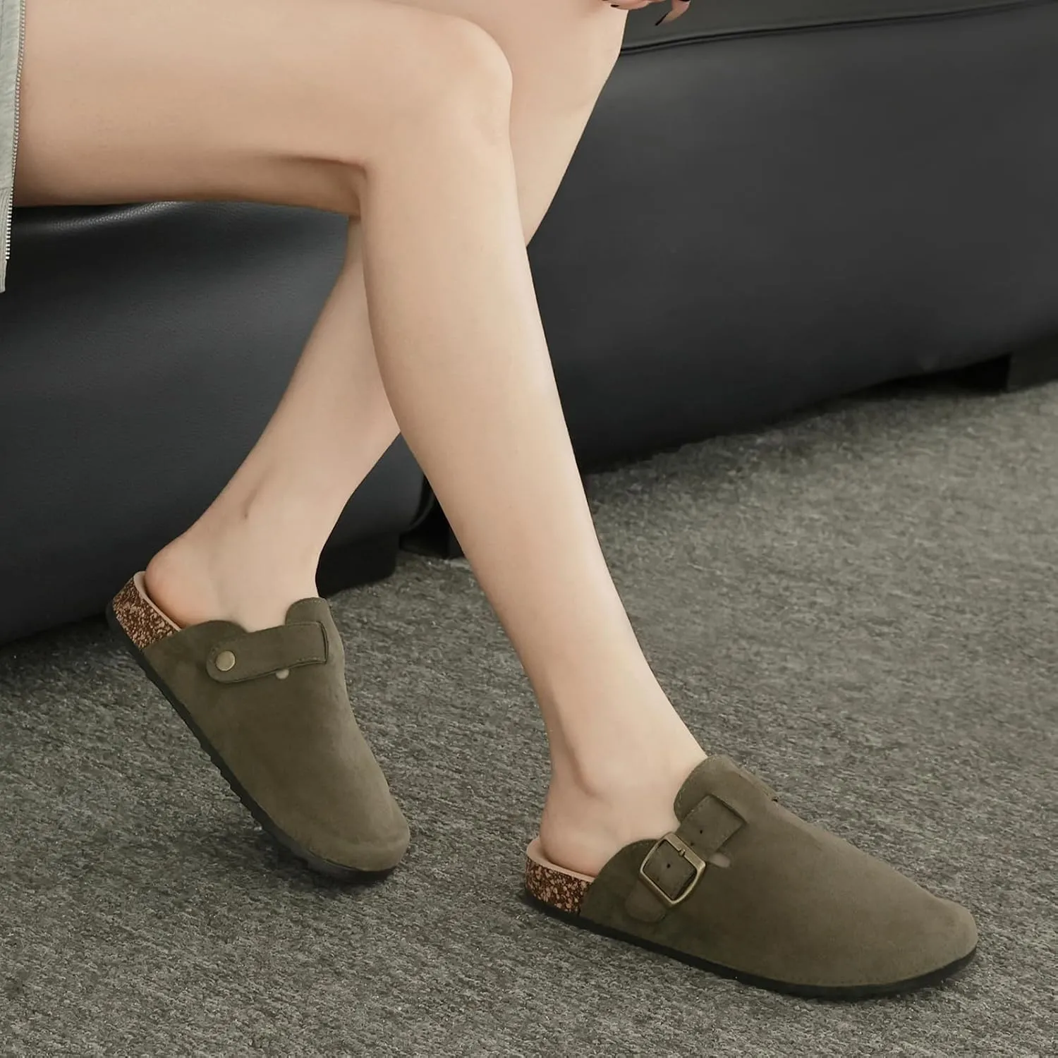 Womens Mens Suede Clogs Leather Mules with Adjustable Buckle Slip On Cork Footbed Sandals Arch Suppor Comfort Potato Shoes