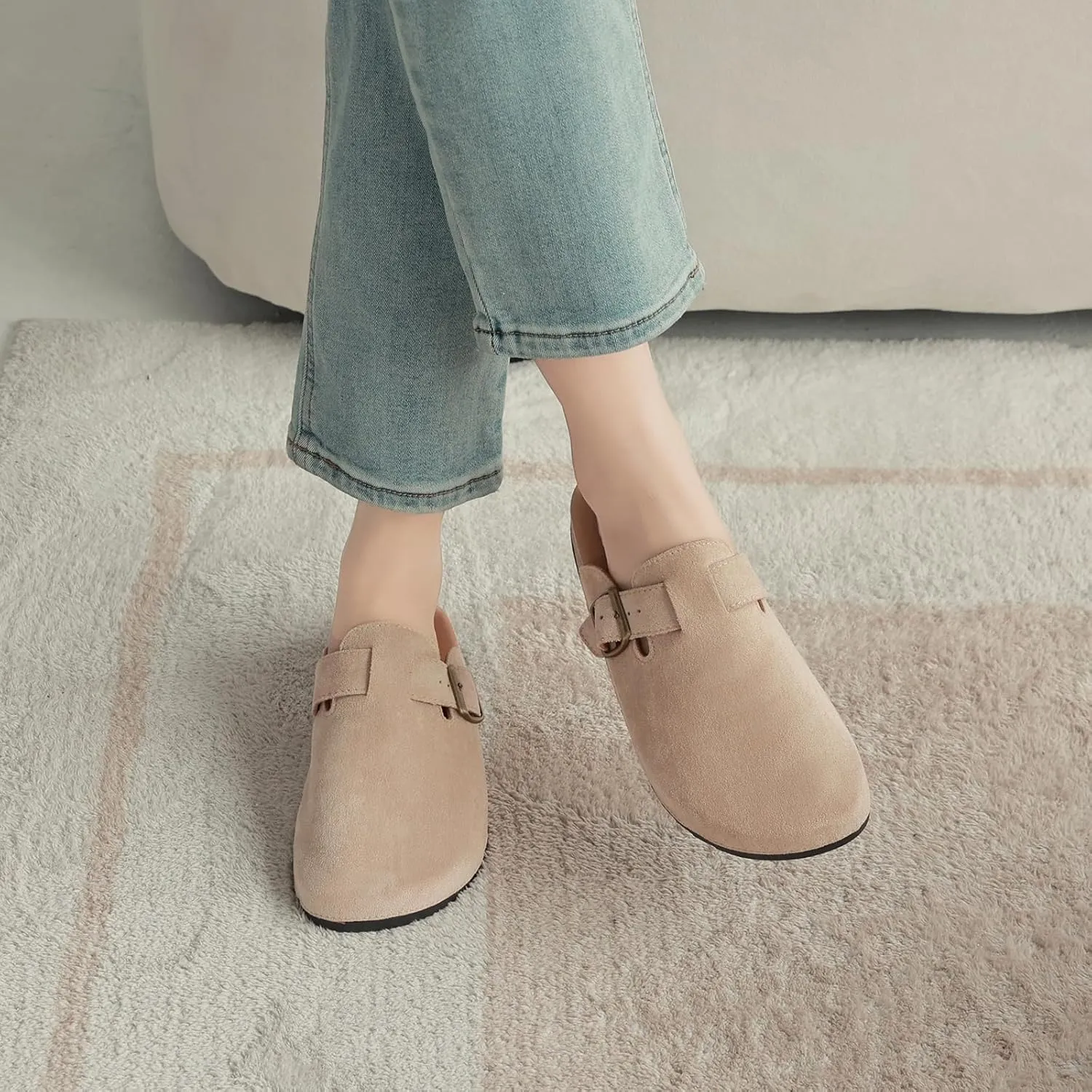 Womens Mens Suede Clogs Leather Mules with Adjustable Buckle Slip On Cork Footbed Sandals Arch Suppor Comfort Potato Shoes