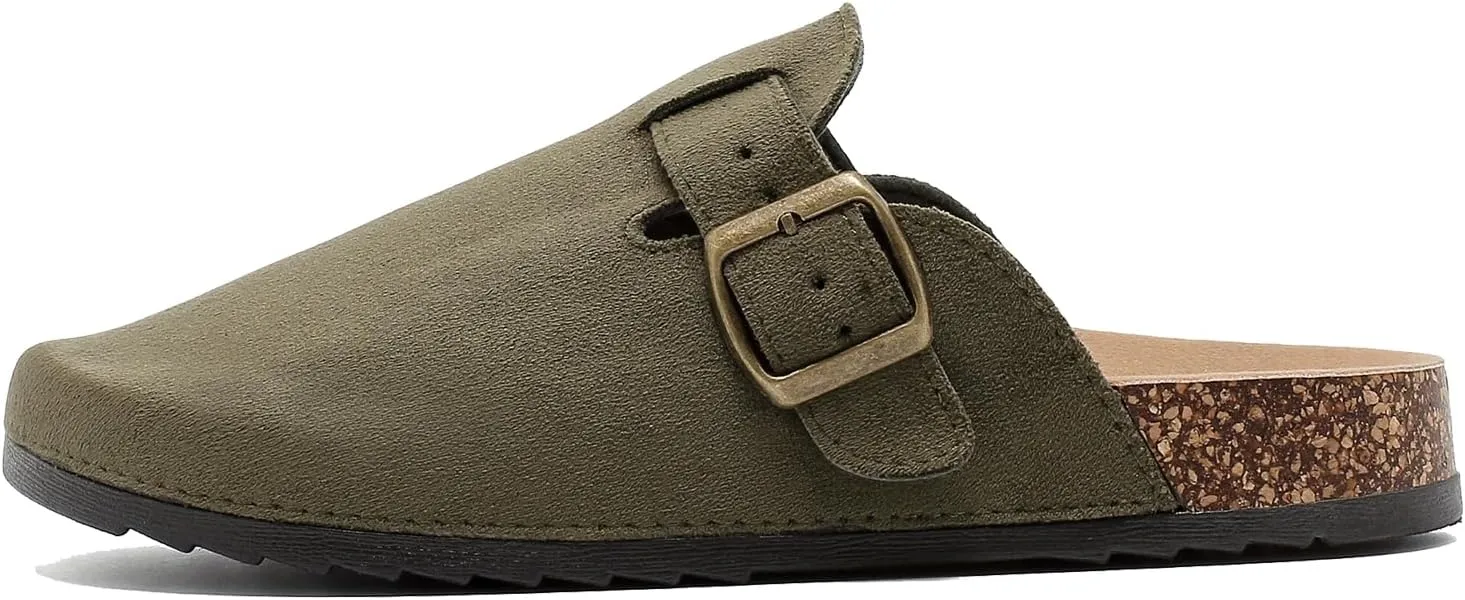 Womens Mens Suede Clogs Leather Mules with Adjustable Buckle Slip On Cork Footbed Sandals Arch Suppor Comfort Potato Shoes