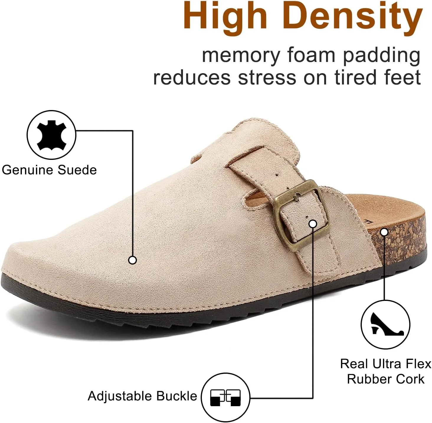 Womens Mens Suede Clogs Leather Mules with Adjustable Buckle Slip On Cork Footbed Sandals Arch Suppor Comfort Potato Shoes