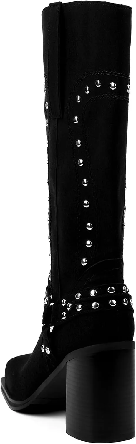 Women's Mid Calf Boots Motorcycle Biker Boots Studded Buckle Square Toe Pull On Block Heeled Booties Fashion Suede Riding Shoes for Women