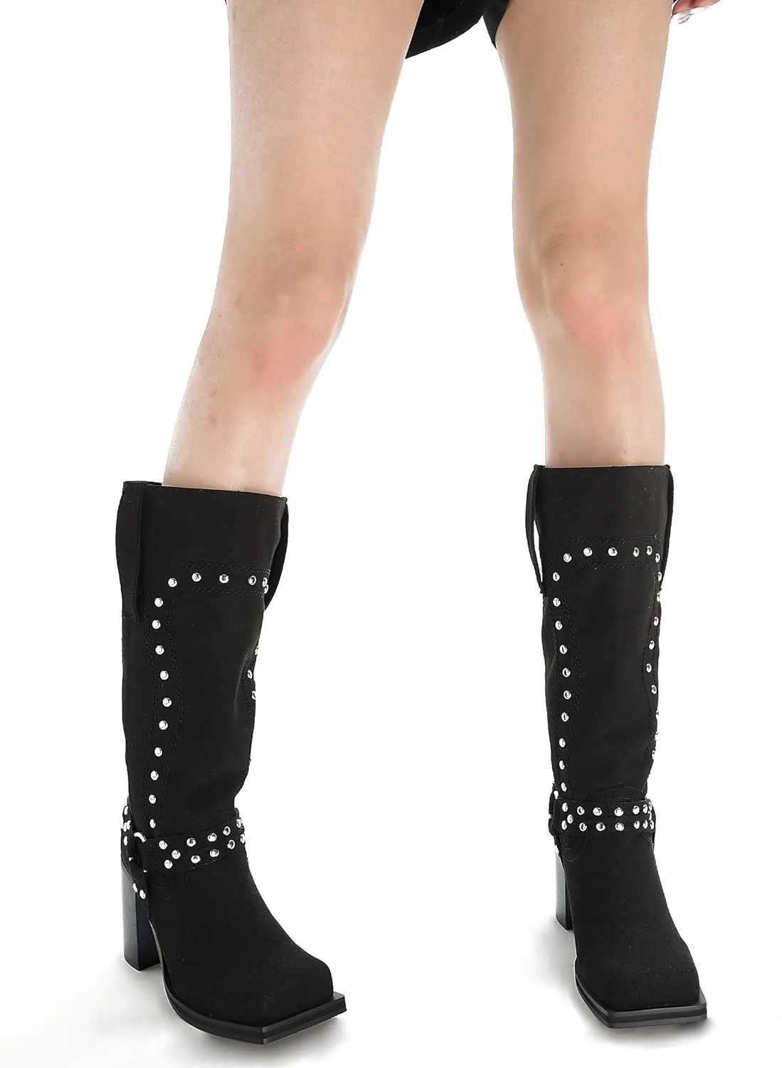 Women's Mid Calf Boots Motorcycle Biker Boots Studded Buckle Square Toe Pull On Block Heeled Booties Fashion Suede Riding Shoes for Women
