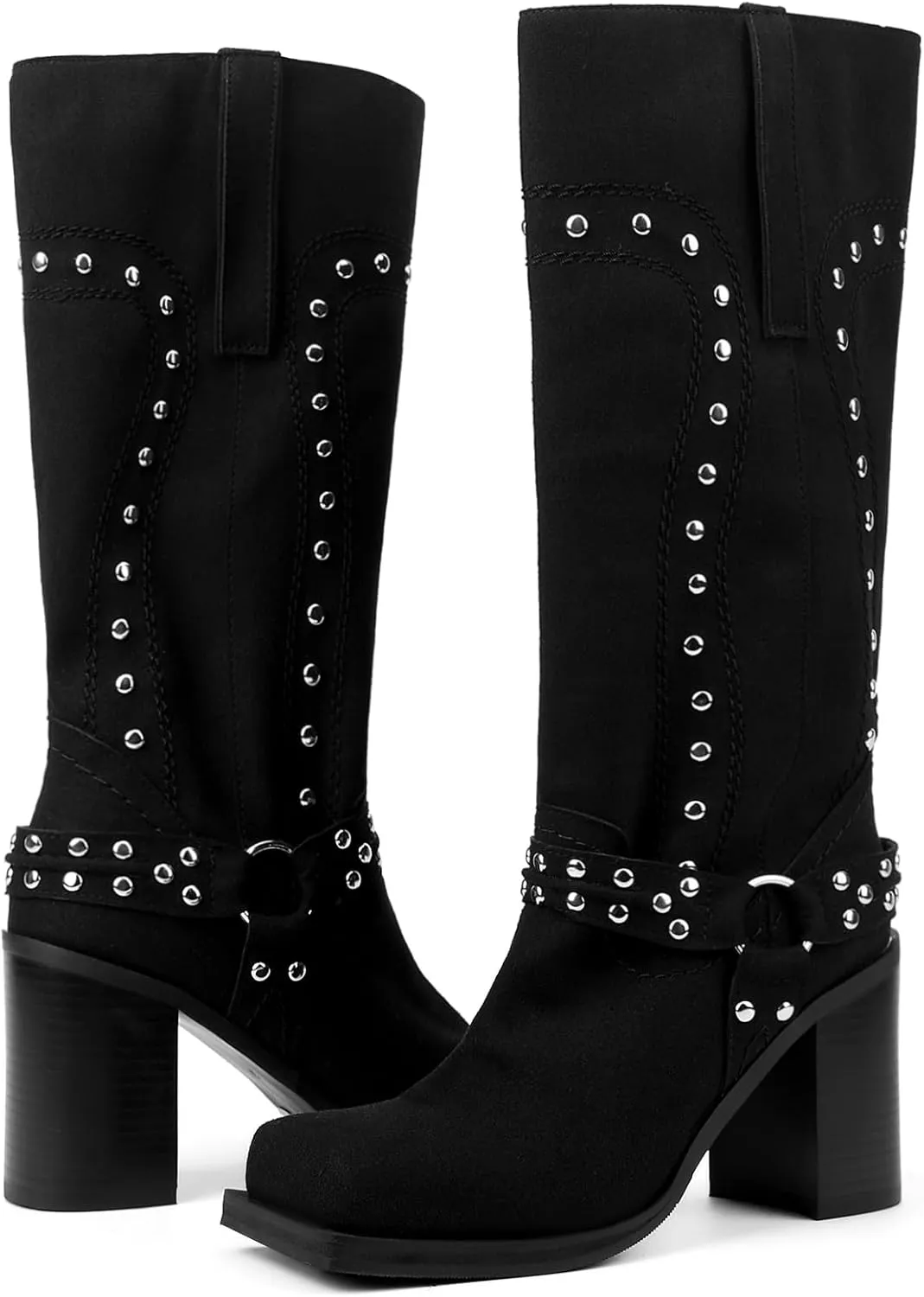 Women's Mid Calf Boots Motorcycle Biker Boots Studded Buckle Square Toe Pull On Block Heeled Booties Fashion Suede Riding Shoes for Women